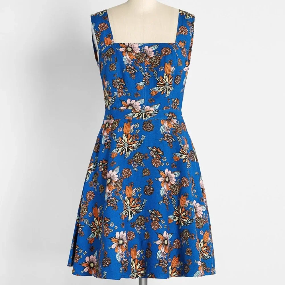 Bursting with Optimism Dark Blue Floral Fit & Flare Sundress by Modcloth Size 4 - Picture 1 of 10